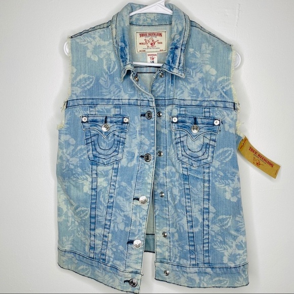 True Religion Jackets & Blazers - True Religion Leaf Trucker Vest | Distressed Denim | Hawaii Flower Print | NWT